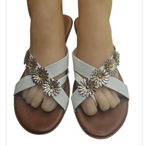 White and Brown Dressy Sandals with Rhinestone Embellishments